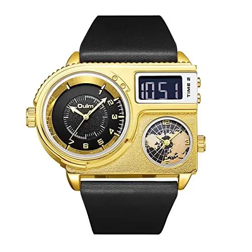 Produktbild: JewelryWe Herrenuhr Analog Quarz DREI Zeitzone Armbanduhr Männer Leder Armband Einzigartige Übergroße Uhr Sportuhr mit Dual Display Zifferblatt Gold