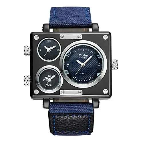 Produktbild: JewelryWe Herrenuhr Analog Quarz DREI Zeitzone Armbanduhr Männer Leder Armband Übergroße Quadrat Casual Uhr Sportuhr Blau