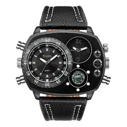 Produktbild: JewelryWe Herrenuhr Analog Quarz Kompass Zwei Zeitzone Armbanduhr Männer Leder Armband Übergroße Uhr Sportuhr mit großem Rechteckigen Zifferblatt Schwwarz