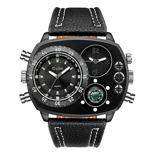 Produktbild: JewelryWe Herrenuhr Analog Quarz Kompass Zwei Zeitzone Armbanduhr Männer Leder Armband Übergroße Uhr Sportuhr mit großem Rechteckigen Zifferblatt Schwwarz