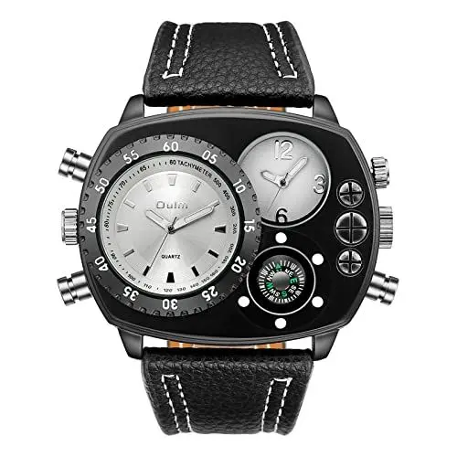 Produktbild: JewelryWe Herrenuhr Analog Quarz Kompass Zwei Zeitzone Armbanduhr Männer Leder Armband Übergroße Uhr Sportuhr mit großem Rechteckigen Zifferblatt Weiß