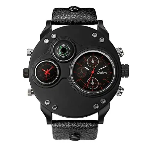Produktbild: JewelryWe Herrenuhr Analog Quarz Kompass Zwei Zeitzone Armbanduhr Männer Leder Armband Uhr Sportuhr mit großem Runden Zifferblatt Rot