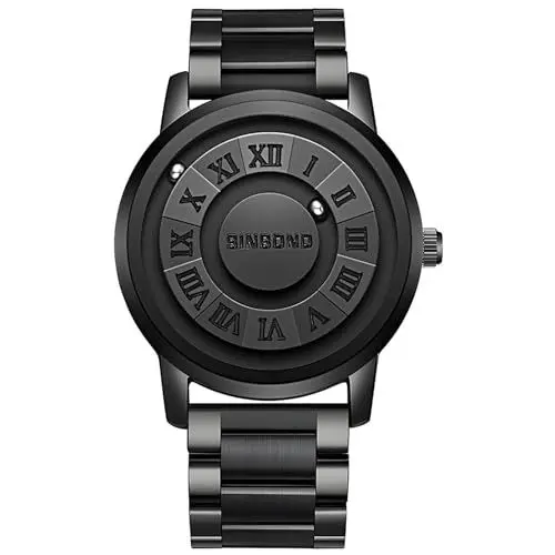 Produktbild: JewelryWe Herrenuhr Edelstahl Magnet Uhr: 30m Wasserdicht Kein Glas Kugellager Analog Quarz Armbanduhr Herren Schwarz Edelstahlarmband Spiegellose Magnetschwebe-Kugeluhr mit Römische Ziffern