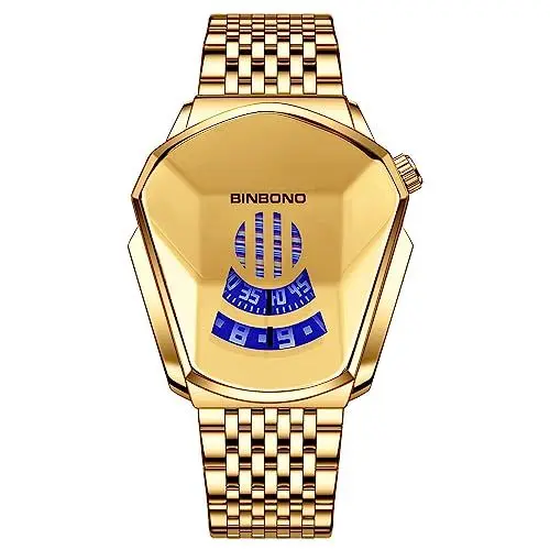 Produktbild: JewelryWe Herrenuhr Edelstahl Uhren Herren - Gold Analog Quarz Armbanduhr mit Edelstahl Armband 30 wasserdichte Kein Zeiger Konzeptuhr Motorrad Uhr für Männer Junge
