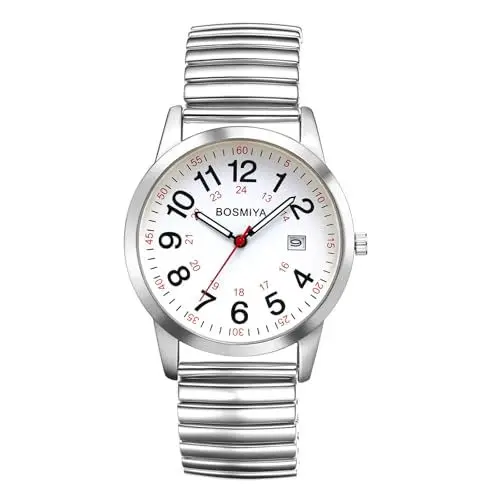 Produktbild: JewelryWe Herrenuhr Elastisches Zugarmband Uhr: Herren Damen Kalender Analog Quarz Armbanduhr Silber Edelstahl Stretcharmband Unisex Senioren Uhr mit Großen Zahlen 24-Stunden Zifferblatt