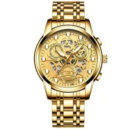 Produktbild: JewelryWe Herrenuhr Quarz Analog Armbanduhr 30M Wasserdicht Gold Edelstahl Armband Business Causual Uhr mit Kalender und Leuchtend Zeiger Vatertagsgeschenk
