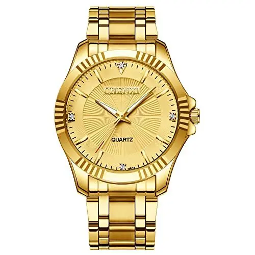 Produktbild: JewelryWe Herrenuhr Quarz Analog Partner Armbanduhr Business Casual Edelstahl Armband Herren Uhr mit Beleuchtenden Zeiger und goldem Zifferblatt, Geschenk für Männer Junge, Gold