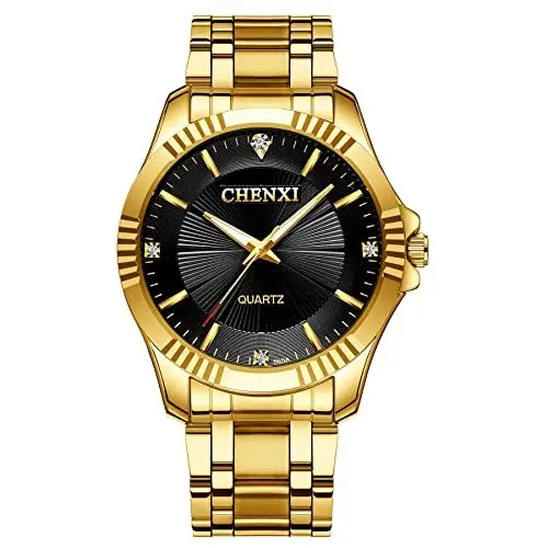 Produktbild: JewelryWe Herrenuhr Quarz Analog Partner Armbanduhr Business Casual Edelstahl Armband Herren Uhr mit Beleuchtenden Zeiger und schwarzem Zifferblatt, Geschenk für Männer Junge, Gold