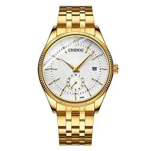 Produktbild: JewelryWe Herrenuhr Quarz Analog Partner Freundschafts Armbanduhr Datum Kalender Edelstahl Armband Herren Uhr mit Beleuchtenden Zeiger und weißem Zifferblatt, Geschenk für Männer Junge, Gold