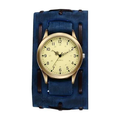 Produktbild: JewelryWe Herrenuhr Steampunk Uhren mit Lederarmband: Halloween Punk Analog Quarz Armbanduhr Herren 24-Stunden Zifferblatt Dual-Use Uhr mit Blau Abnehmbarem Breit Echtleder Leder Armband