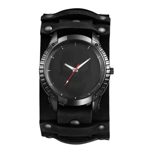 Produktbild: JewelryWe Herrenuhr Steampunk Uhren mit Lederarmband: Halloween Punk Totenkopf Schädel Analog Quarz Armbanduhr Herren Große Dual-Use Uhr mit Schwarz Abnehmbarem Breit Echtleder Leder Armband