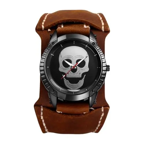 Produktbild: JewelryWe Herrenuhr Totenkopf Uhren mit Lederarmband: Halloween Steampunk Schädel Analog Quarz Armbanduhr Herren Großes Zifferblatt Dual-Use Uhr mit Braun Abnehmbarem Breit Echtleder Leder Armband