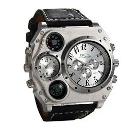 Produktbild: JewelryWe Herrenuhr Übergroß Zwei Zeitzone Kompass Thermometer Kalender Analog Quarz Armbanduhr Schwarz Leder Armband Sportuhr mit Silber Zifferblatt