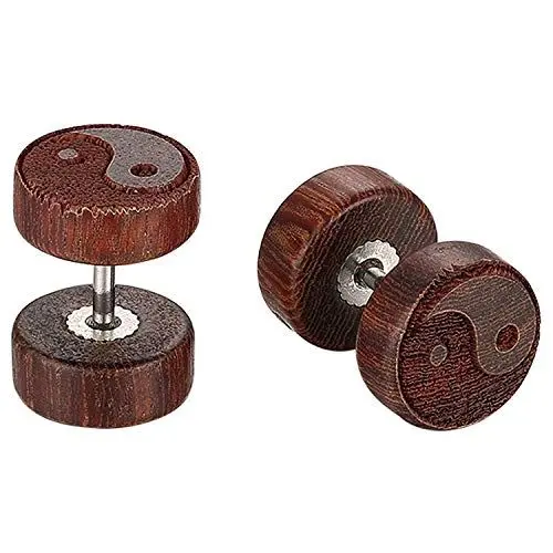 Produktbild: JewelryWe Holz Ohrstecker Yin Yang: Herren Damen Holz Kreis Ohrstecker Tai Chi Yin und Yang Edelstahl Fake Plug Tunnel Barbell Ohrringe Ohr Piercing Braun