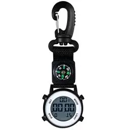 Produktbild: JewelryWe Karabineruhr Digital Clip on Quarzuhr Karabiner Taschenuhr mit Leuchtendem Zifferblatt Kalender Wecker Kompass, FOB Uhr für Ärzte Krankenschwestern Sanitäter Köche Sport Unisex Schwarz