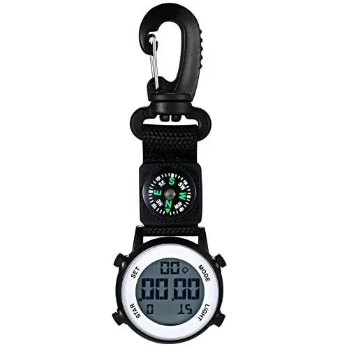 Produktbild: JewelryWe Karabineruhr Digital Clip on Quarzuhr Karabiner Taschenuhr mit Leuchtendem Zifferblatt Kalender Wecker Kompass, FOB Uhr für Ärzte Krankenschwestern Sanitäter Köche Sport Unisex Schwarz