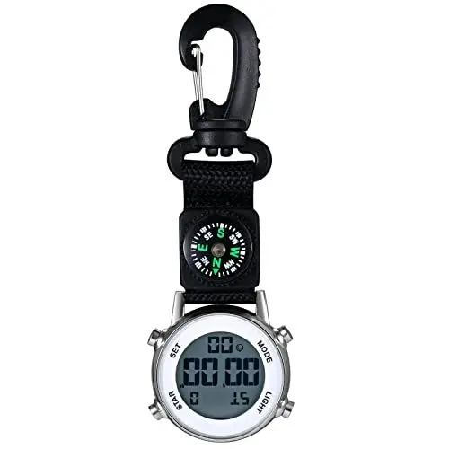 Produktbild: JewelryWe Karabineruhr Digital Clip on Quarzuhr Karabiner Taschenuhr mit Leuchtendem Zifferblatt Kalender Wecker Kompass, FOB Uhr für Ärzte Krankenschwestern Sanitäter Köche Sport Unisex Silber
