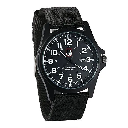 Produktbild: JewelryWe Herrenuhr Nylon Militär Uhr: 12/24H Analog Quarz Armbanduhr Herren Schwarz Canvas Stoff Textil Armband Taktische Outdoor Uhr Felduhr mit großen Zahlen