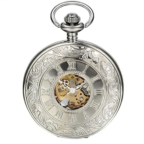 Produktbild: JewelryWe Klassiker Retro Taschenuhr römische Ziffern Herren Handaufzug mechanische Kettenuhr Skelett Uhr mit Halskette Kette Umhängeuhr Silber