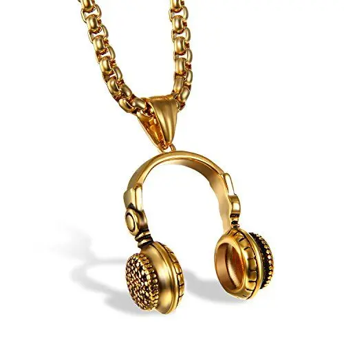 Produktbild: JewelryWe Kopfhörer Anhänger Halskette Herren: Edelstahl Biker DJ Musik Kopfhörer Headset Anhänger mit 61cm Kette Hip Hop Punk Rock Stil Schmuck Geschenk für Männer Gold
