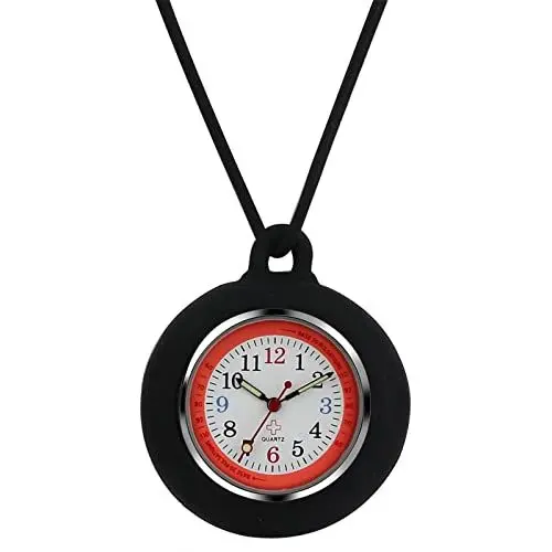 Produktbild: JewelryWe Krankenschwesteruhr Analog Quarz Taschenuhr Silikon Uhr Anhänger mit Halskette Kette Schwesternuhr Pflegeuhr Pulsuhr für Arzt Schwarz Unisex