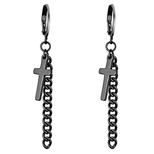 Produktbild: JewelryWe Kreuz Ohrringe Creolen Edelstahl: Herren Damen Creolen Huggie Hoop Ohr Manschette Ohrringe Klappcreolen Ohrstecker Ohrhänger Ohr-Piercing mit Baumelnde Kruzifix Kreuz Kette Anhänger Schwarz