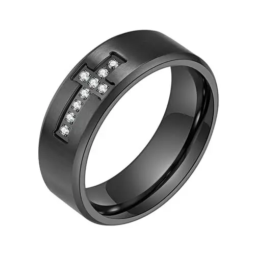 Produktbild: JewelryWe Kreuz Ring Herren Zirkonia: Silber Edelstahl Herren-Ring mit Zirkonia Kreuz Kruzifix Hip Hop Punk Bandring Männer Christliche Ringe Band mit Gravur Größe 65
