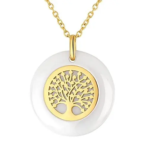 Produktbild: JewelryWe Lebensbaum Anhänger Halskette Damen: Gold Edelstahl Elegant Baum des Lebens Rund Kreis Anhänger Kette mit Weiß Keramik Schmuck Geschenk für Frau Freundin Mutter