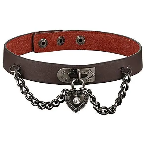 Produktbild: JewelryWe Leder Halsband Herz Choker: Damen Herren Braun Lederhalsband mit Herz Schloss Sperren Kette Anhänger Gothic Punk Kragen Halskette 38,5cm Lederkette für Männer Frauen