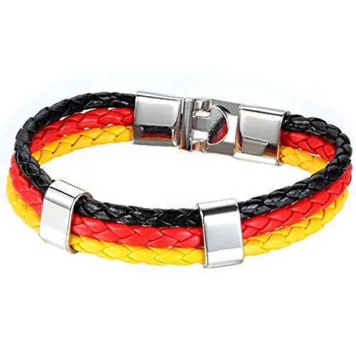 Produktbild: JewelryWe Lederarmband Deutsche Flagge Armband: Deutschland Flagge Fußball Weltmeisterschaft WM & EM Länder Germany Fanartikel Leder Geflochten Armband Armreif für Herren Damen Schwarz Rot Gelb