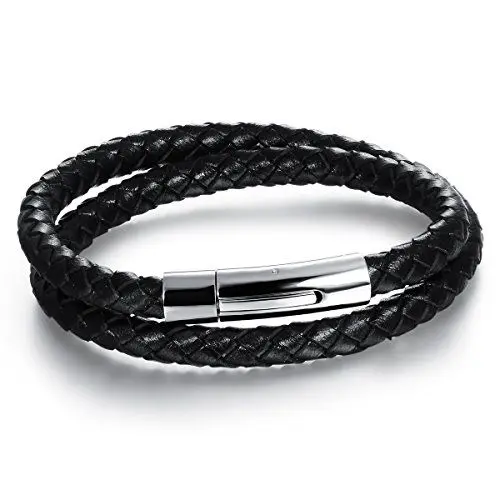Produktbild: JewelryWe Lederarmband Herren Edelstahl Wickelarmband: Leder Geflochten Kordelkette Armband zum zweimal Umwickeln Armreif mit Edelstahl Verschluss Schwarz Silber