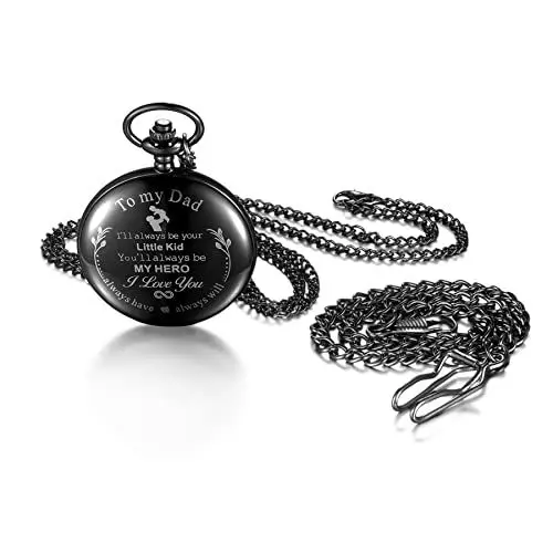 Produktbild: JewelryWe Personalisierte Taschenuhr mit Gravur Herren Glänzend Poliert Kettenuhr Analog Quarz Uhr mit Halskette Kette Pocket Watch Geschenk Schwarz