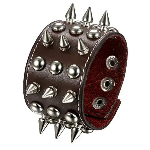 Produktbild: JewelryWe Punk Breit Lederarmband mit Nieten: Braun Geflochten Leder Armband mit Spike Killernieten Druckknopf Herren Verstellbar Gothic Biker Rock Manschette Armreif Nietenarmband Halloween Schmuck