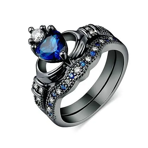 Produktbild: JewelryWe Ring Damen Herz Claddagh: 2 in 1 Edelstahl Irischer Damen-Ring Blau Herz Zirkonia Claddagh Krone Stapelbare Eheringe Frauen Band mit Gravur für Versprechen Verlobung Hochzeit Größe 59