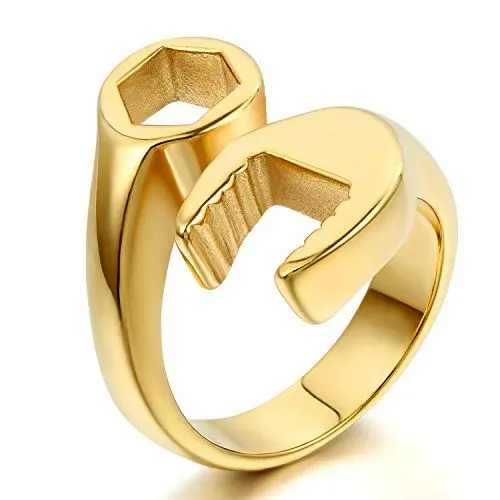 Produktbild: JewelryWe Ringe Herren Edelstahl Ringmaulschlüssel: Biker Herren-Ring Mechaniker Gabelringschlüssel Schraubenschlüssel Schlüssel Band Männer Ring Edelstahlring für Halloween Weihnachten Gold Größe 71