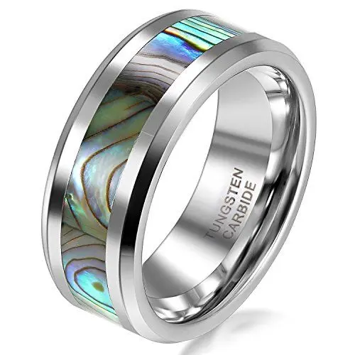 Produktbild: JewelryWe Ringe Herren Wolfram Abalone: 8mm Breite Herren-Ring Wolframcarbid Ring Hochglanz mit Seeohr Abalone Inlay Engagement Verlobung Hochzeit Band mit Gravur Größe 66