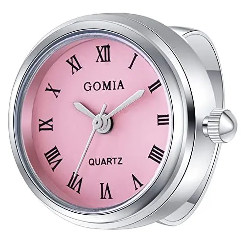 Produktbild: JewelryWe Ringuhr Fingeruhr Damen Analog Quarz Edelstahl Verstellbar Ring Uhr Fingerringuhr Uhrenring mit Pink Römischen Ziffern Rundem Zifferblatt und Silber Gehäuse