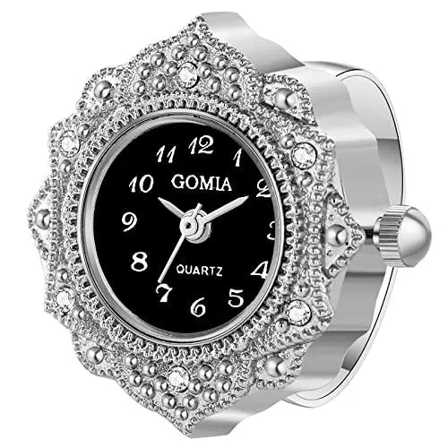 Produktbild: JewelryWe Ringuhr Fingeruhr Damen Analog Quarz Retro Geschnitzt Blumen Strass Edelstahl Verstellbar Ring Uhr Fingerringuhr Uhrenring mit Schwarz Rundem Zifferblatt und Silber Gehäuse