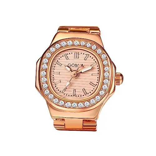 Produktbild: JewelryWe Ringuhr Fingeruhr Damen Uhren - Rosegold Quadrat Quarz Analoge Verstellbar Metall Ring Uhr Frauen Glitzer Strass Fingerringuhr Uhrenring mit Rosa Rechteckigem Zifferblatt