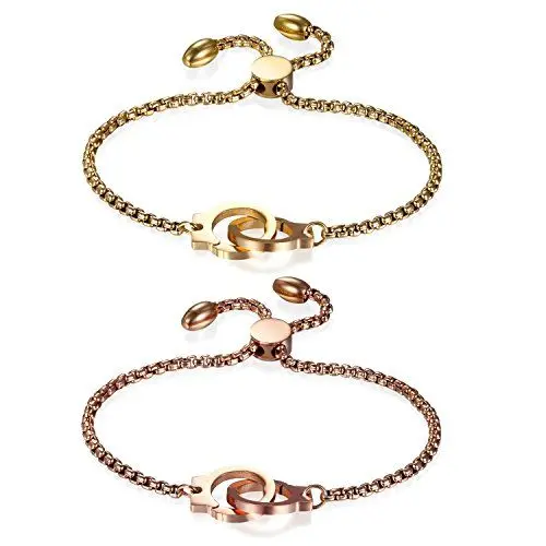 Produktbild: JewelryWe Handschellen Armband Kettenarmband Damen: 2pcs Edelstahl Charmsarmband Armkette Verstellbar Armreif Armkettchen mit Handschellen Muttertag Geburtstag Geschenk für Frau Freundin