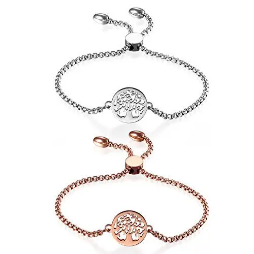 Produktbild: JewelryWe Schmuck 2 PCS Damen Armband, Edelstahl Hohle Baum des Lebens Runde Verstellbar Charm Armkette Armreif, Rosegold Silber