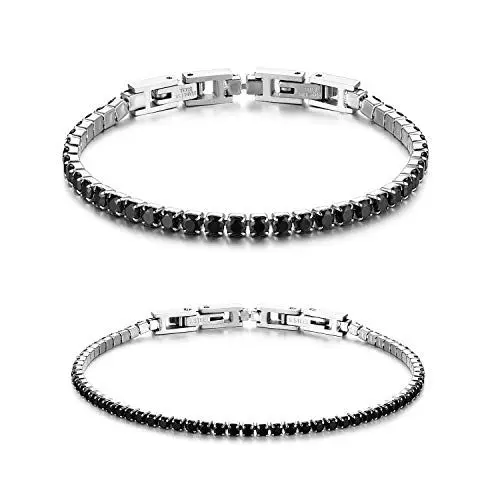 Produktbild: JewelryWe Paar Armband Tennisarmband Partnerarmband: 2pcs Edelstahl Schwarz Zirkonia Tennis Armband Freundschaftsarmband mit Abnehmbaren Schnallen Verstellbare Fußkettchen Armkette Armreif