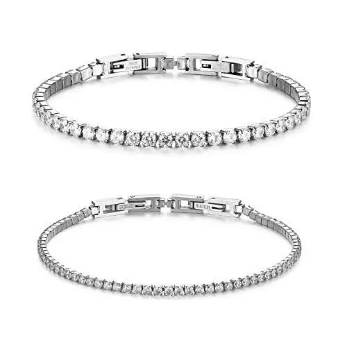 Produktbild: JewelryWe Paar Armband Tennisarmband Partnerarmband: 2pcs Edelstahl Weiß Zirkonia Tennis Armband Freundschaftsarmband mit Abnehmbaren Schnallen Verstellbare Fußkettchen Armkette Pärchen Armreif