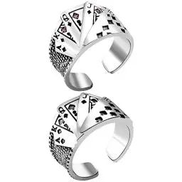Produktbild: JewelryWe Schmuck 2pcs Herren-Ring Retro Spielkarten Flush Poker Karten Ring Biker Offen Band Bandring mit Gravur Silber Verstellbar Größe 57-65