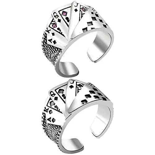 Produktbild: JewelryWe Schmuck 2pcs Herren-Ring Retro Spielkarten Flush Poker Karten Ring Biker Offen Band Bandring mit Gravur Silber Verstellbar Größe 57-65