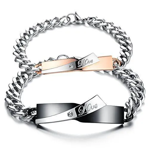 Produktbild: JewelryWe Schmuck 2pcs Herren Damen Armband, Lieben Freundschaftsarmband, Love, Zirkonia Diamant Edelstahl, Gold Schwarz Silber