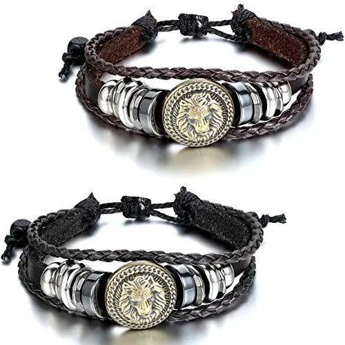 Produktbild: JewelryWe Schmuck 2pcs Herren Damen Armband, Punk Rock Löwe Geflochten Charm Tribal Armreif, 21-30cm Verstellbaren Größen, Leder Legierung Baumwollseil, Braun Schwarz Silber