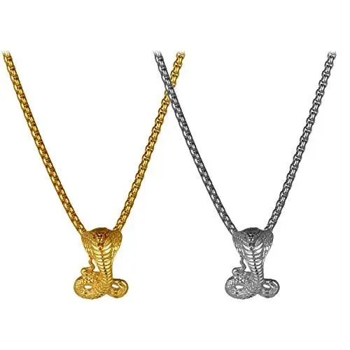 Produktbild: JewelryWe Schmuck 2pcs Herren Halskette mit Edelstahl Kobra Schlange Anhänger & Weizenkette, Retro Silber Gold