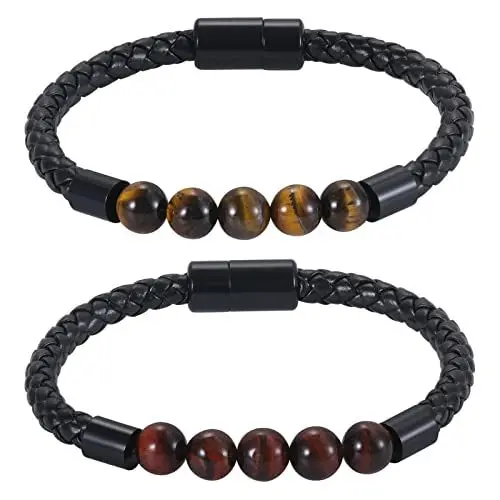 Produktbild: JewelryWe Schmuck 2pcs Lederarmband Herren Tigerauge Stein Leder Geflochtenes Armband Natursteinen Perlen Armreif Manschette mit Magnetverschluss