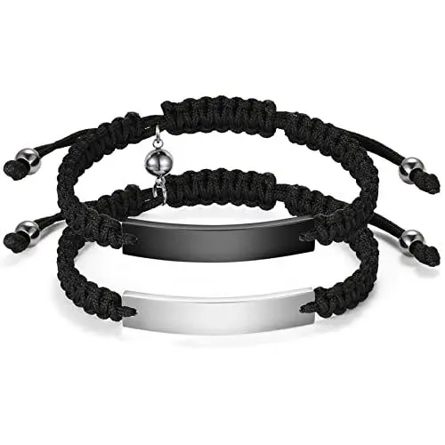 Produktbild: JewelryWe Schmuck 2pcs Pärchen Armband Lederarmband mit Magnet Kugel Hochglanz Poliert Edelstahl Leder Seil geflochten Partnerarmband Freundschaftsarmband Paar Armreifen Verstellbar, Schwarz Silber